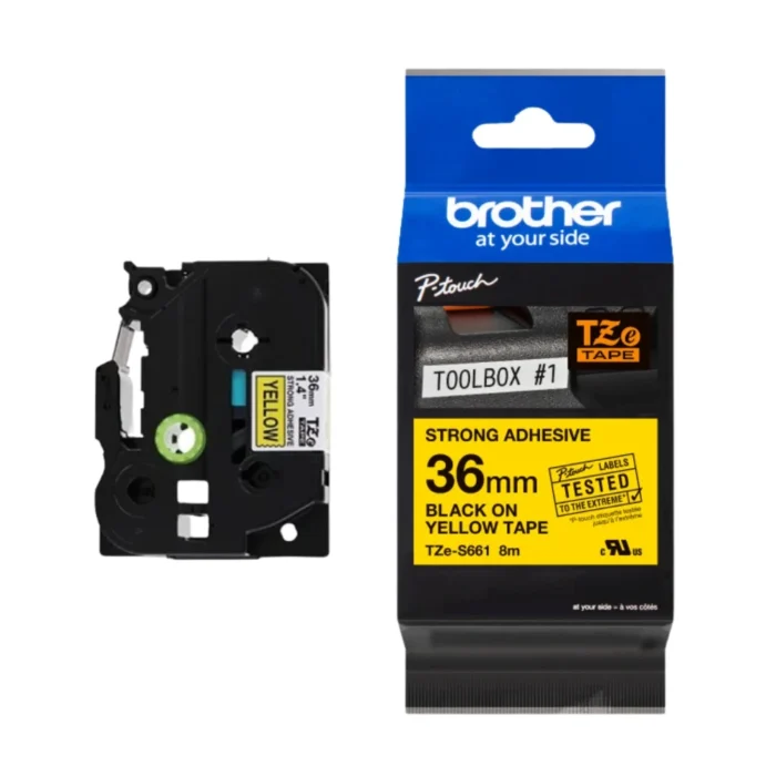 Brother-TZE-S661-1 BROTHER เทปพิมพ์อักษรสีดำ พื้นเหลือง ขนาด 36 มม. TZE-S661 (ชนิดติดแน่นพิเศษ)