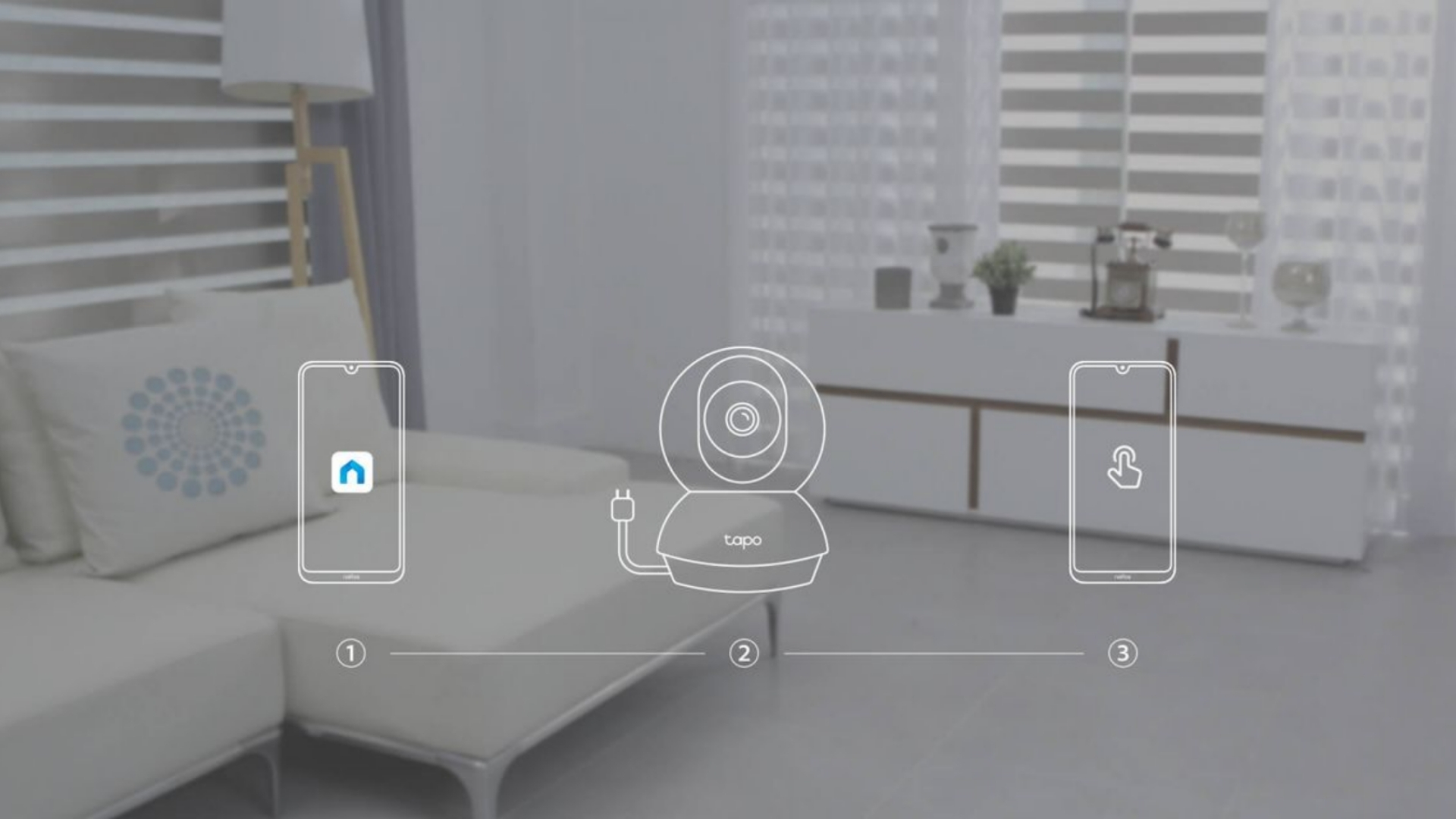 TP-Link Tapo C200 กล้องวงจรปิด Wi-Fi ภายในบ้าน, ภาพแสดงการเชื่อมต่อกล้องกับสมาร์ทโฟน 3 ขั้นตอน