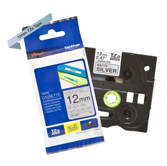 Brother TZE-M931 Tape 01 BROTHER เทปพิมพ์อักษรสีดำ พื้นเงิน ขนาด 12 มม. TZE-M931 (ชนิดยืดหยุ่นสูง)