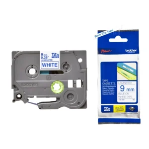 BROTHER เทปพิมพ์อักษรสีน้ำเงิน พื้นขาว ขนาด 9 มม. TZE-223