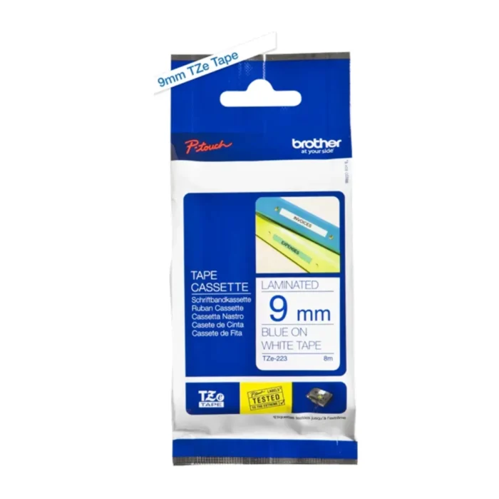 Brother TZE223 laminated label tape 9mm blue on white 03 BROTHER เทปพิมพ์อักษรสีน้ำเงิน พื้นขาว ขนาด 9 มม. TZE-223