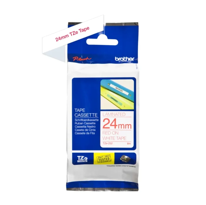 Brother-TZE252 laminated label tape red on white 03 BROTHER เทปพิมพ์อักษรสีแดง พื้นขาว ขนาด 24 มม. TZE-252