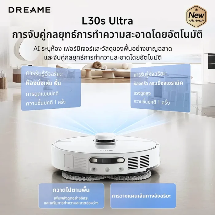 dreamebot-l30s-ultra-4 Dreamebot L30S Ultra หุ่นยนต์ดูดฝุ่นถูพื้นอัจฉริยะ แท่น All-in-One ซักผ้าด้วยน้ำร้อน 65°C 11,000Pa แปรง Tricut สีขาว