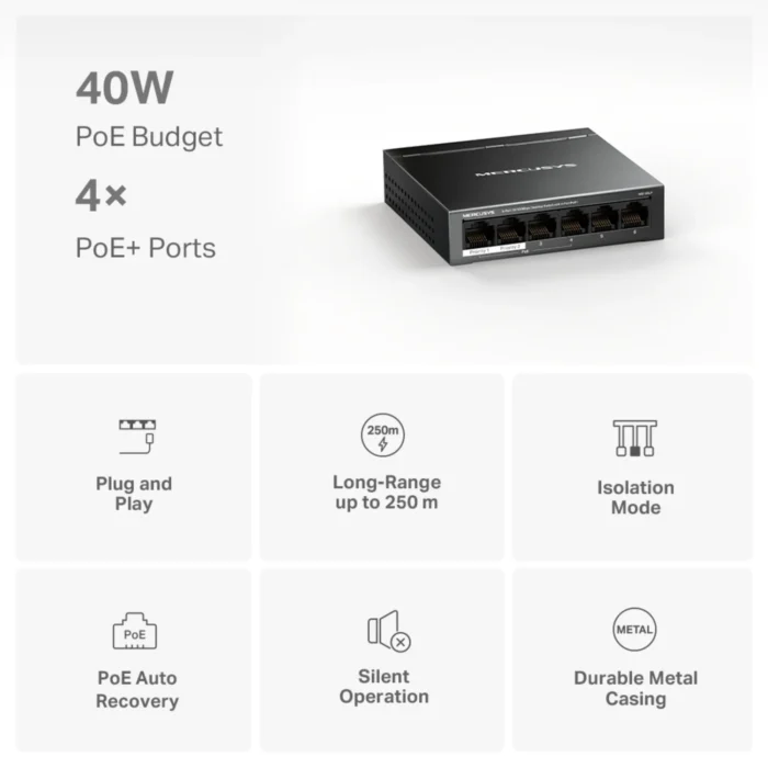Mercusys MS106LP Switching Hub 03 Mercusys MS106LP PoE Switch ฟังก์ชัน Long-Range 250 เมตร (Extend Mode)