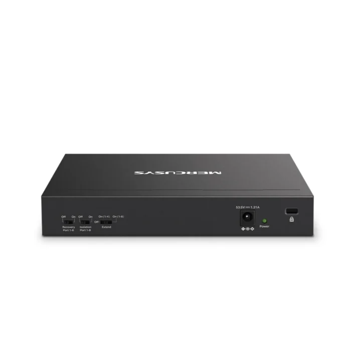 Mercusys MS110P 8-Port PoE+ Switching Hub 02 ด้านหลัง Mercusys MS110P สวิตช์ poe แสดงสวิตช์ Extend Mode และ Isolation Mode