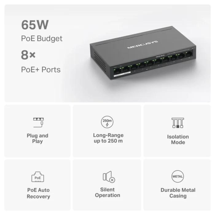 Mercusys MS110P 8-Port PoE+ Switching Hub 03 PoE Switch Mercusys MS110P ฟังก์ชัน Extend Mode ส่งสัญญาณไกล 250 เมตร