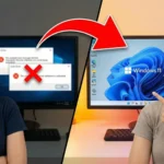 ผู้หญิงไทยเปรียบเทียบหน้าจอคอมพิวเตอร์ที่ติดปัญหา Windows ปลอมกับหน้าจอ Windows 11 แท้ที่ใช้งานได้ปกติ พร้อมลูกศรสีแดงชี้บอกวิธีการตรวจสอบ