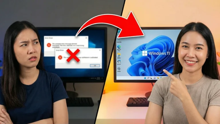 ผู้หญิงไทยเปรียบเทียบหน้าจอคอมพิวเตอร์ที่ติดปัญหา Windows ปลอมกับหน้าจอ Windows 11 แท้ที่ใช้งานได้ปกติ พร้อมลูกศรสีแดงชี้บอกวิธีการตรวจสอบ