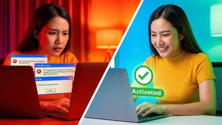 ภาพเปรียบเทียบผู้หญิงทำหน้าเครียดเมื่อคอมพิวเตอร์แจ้งเตือน Error เทียบกับผู้หญิงยิ้มดีใจเมื่อใช้ Windows แท้ ที่ขึ้นสถานะ Activated สีเขียว