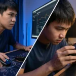 ภาพแบ่งครึ่งแนวเฉียงแสดงชายคนไทยขณะเล่นเกมคอมพิวเตอร์ และขณะกำลังตรวจสอบความผิดปกติของเมาส์เบิ้ลอย่างละเอียด