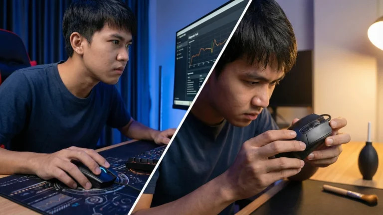 ภาพแบ่งครึ่งแนวเฉียงแสดงชายคนไทยขณะเล่นเกมคอมพิวเตอร์ และขณะกำลังตรวจสอบความผิดปกติของเมาส์เบิ้ลอย่างละเอียด