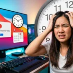 ผู้หญิงไทยแสดงสีหน้าเครียดหน้าจอคอมพิวเตอร์ที่มีข้อความแจ้งเตือนเวลาผิดพลาดและมีนาฬิกาเรือนใหญ่ด้านหลัง