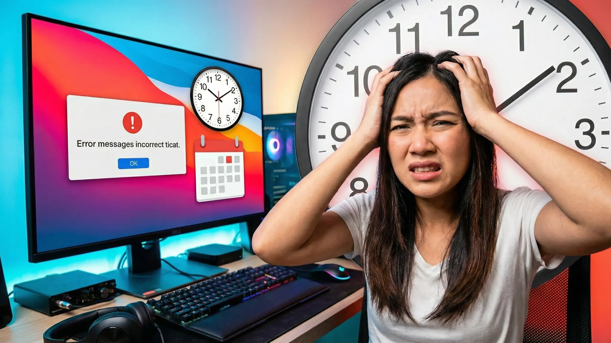 ผู้หญิงไทยแสดงสีหน้าเครียดหน้าจอคอมพิวเตอร์ที่มีข้อความแจ้งเตือนเวลาผิดพลาดและมีนาฬิกาเรือนใหญ่ด้านหลัง