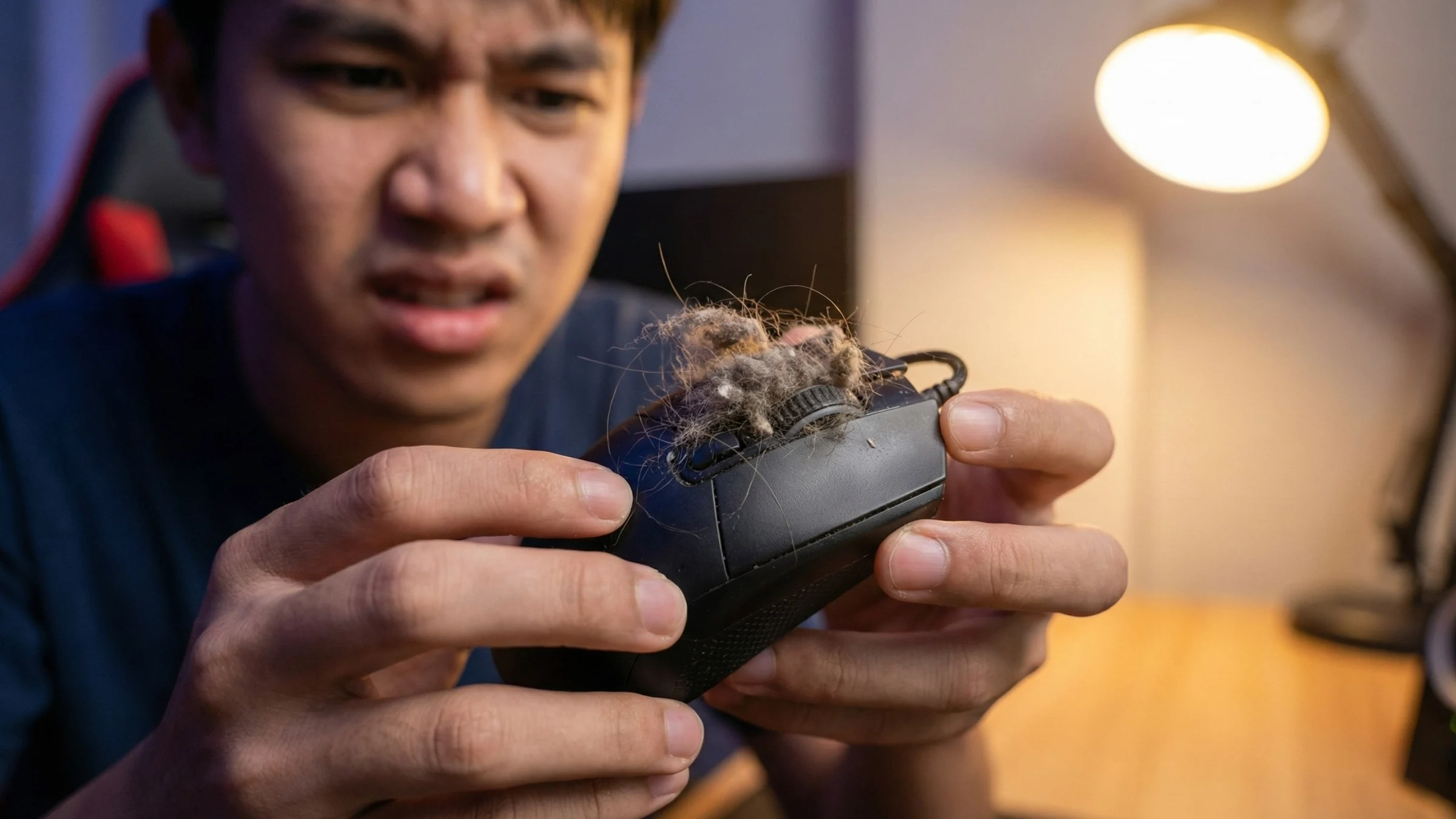 ภาพซูมก้อนฝุ่นและเศษสกปรกอุดตันที่ร่องคลิกของเมาส์คอมพิวเตอร์ โดยมีชายคนไทยมองด้วยความสงสัย