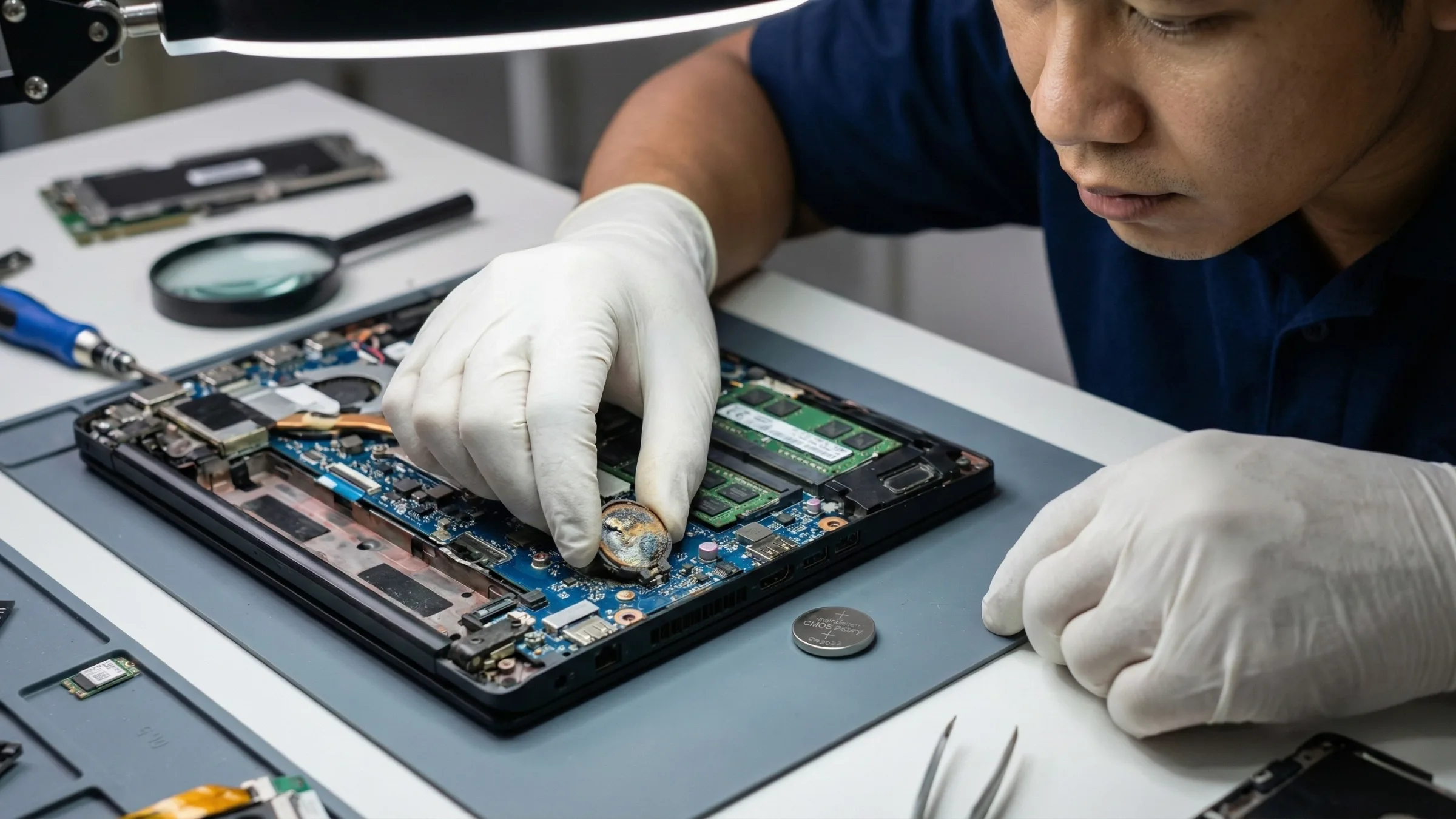ช่างซ่อมคอมพิวเตอร์สวมถุงมือกำลังแกะเครื่องโน้ตบุ๊กเพื่อเปลี่ยนถ่านเมนบอร์ดหรือถ่าน CMOS