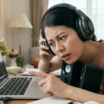 หญิงสาวสวมหูฟังทำหน้าสงสัยและชี้ไปที่หน้าจอโน๊ตบุ๊คเมื่อเสียงหายไป