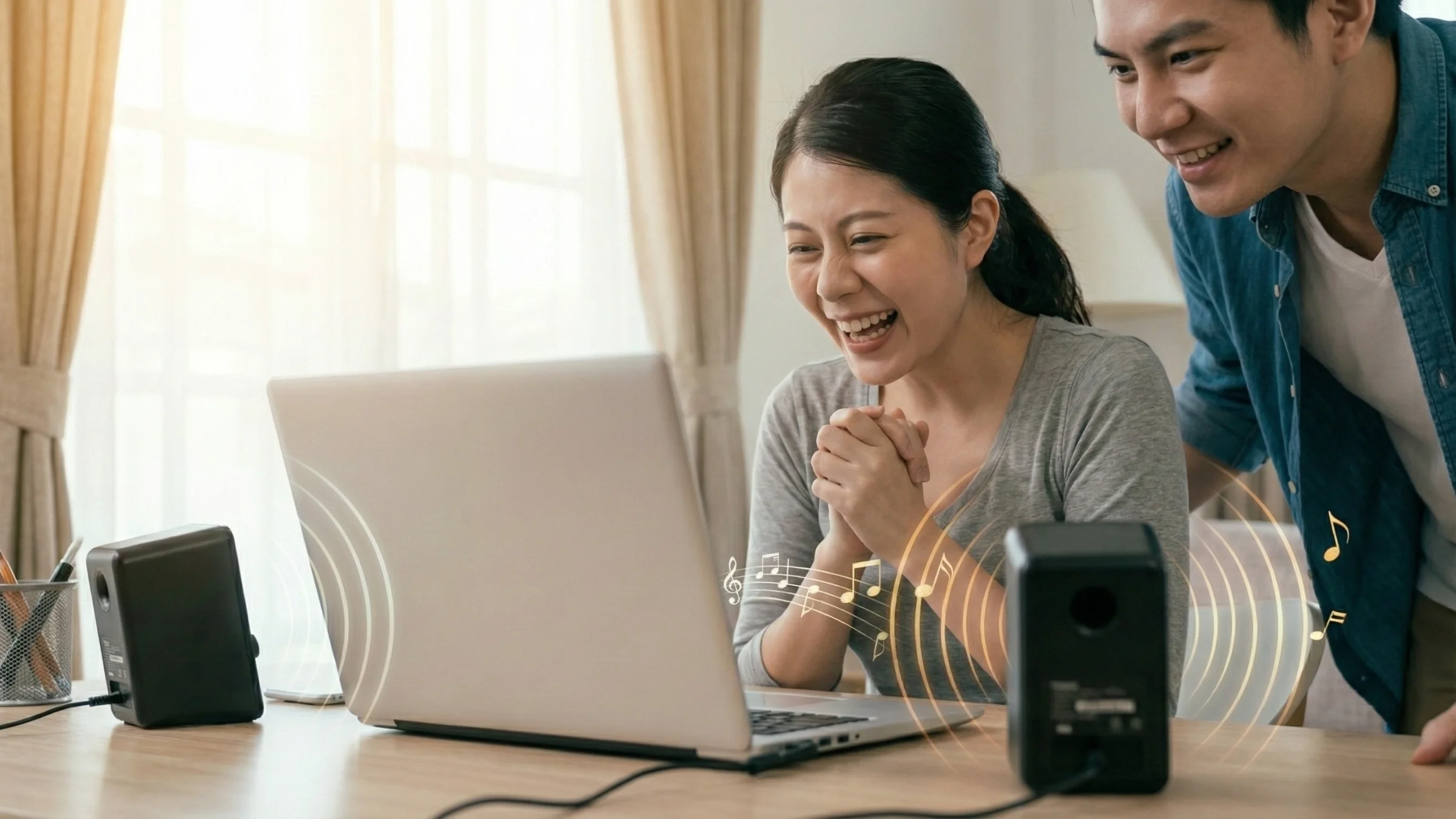 คู่รักยิ้มดีใจและตื่นเต้นเมื่อโน๊ตบุ๊คกลับมามีเสียงเพลงดังปกติอีกครั้ง