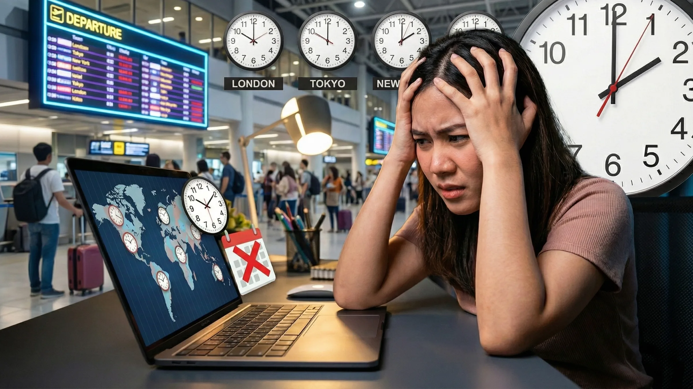หญิงไทยนั่งกุมขมับหน้าโน้ตบุ๊กในบรรยากาศสนามบิน หน้าจอแสดงแผนที่โลก และเขตเวลาที่สับสน