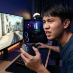 ชายคนไทยแสดงสีหน้าหงุดหงิดขณะเล่นเกมยิงเพราะเมาส์มีอาการคลิกเบิ้ล