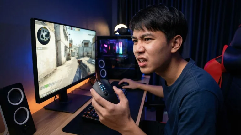 ชายคนไทยแสดงสีหน้าหงุดหงิดขณะเล่นเกมยิงเพราะเมาส์มีอาการคลิกเบิ้ล