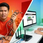 ภาพเปรียบเทียบซ้ายขวา ผู้ชายหน้าเครียดถือสายแลนพันกันกับเราเตอร์เก่า เทียบกับผู้ชายยิ้มมีความสุขใช้งานคอมพิวเตอร์กับเราเตอร์ใหม่