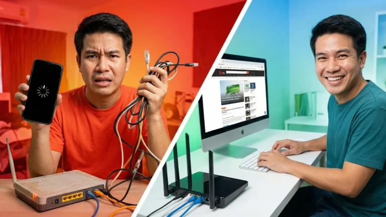 ภาพเปรียบเทียบซ้ายขวา ผู้ชายหน้าเครียดถือสายแลนพันกันกับเราเตอร์เก่า เทียบกับผู้ชายยิ้มมีความสุขใช้งานคอมพิวเตอร์กับเราเตอร์ใหม่