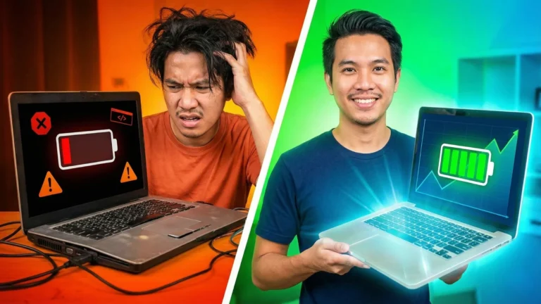 ภาพเปรียบเทียบแบบแบ่งครึ่งจอ ฝั่งซ้ายพื้นหลังสีส้ม ชายคนหนึ่งมีท่าทางเครียดและสับสนกับโน้ตบุ๊กที่หน้าจอแสดงไอคอนแบตเตอรี่สีแดงขีดเดียวพร้อมเครื่องหมายแจ้งเตือน Error กากบาทและสามเหลี่ยม ฝั่งขวาพื้นหลังสีเขียวฟ้า ชายคนเดิมยิ้มอย่างมั่นใจถือโน้ตบุ๊กที่หน้าจอแสดงไอคอนแบตเตอรี่สีเขียวเต็มเปี่ยมพร้อมกราฟแสดงประสิทธิภาพขาขึ้นและมีแสงสว่างออกมาจากตัวเครื่อง ซึ่งต้องการ เปลี่ยนแบตโน้ตบุ๊ก แล้ว
