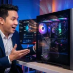 ผู้ชายไทยแสดงสีหน้าตื่นเต้นเมื่อได้สัมผัสกับ Asus Desktop รุ่นเกมมิ่งสมรรถนะสูง ที่มาพร้อมระบบไฟ RGB และซอฟต์แวร์ควบคุม Armoury Crate บนหน้าจอ