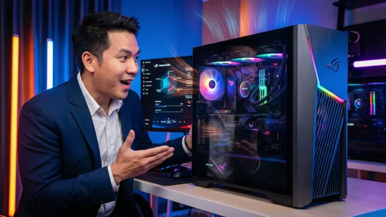 ผู้ชายไทยแสดงสีหน้าตื่นเต้นเมื่อได้สัมผัสกับ Asus Desktop รุ่นเกมมิ่งสมรรถนะสูง ที่มาพร้อมระบบไฟ RGB และซอฟต์แวร์ควบคุม Armoury Crate บนหน้าจอ