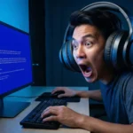 ชายสวมหูฟังขนาดใหญ่แสดงอาการตกใจสุดขีดเมื่อหน้าจอคอมพิวเตอร์เกิดอาการ Blue Screen สีน้ำเงินขณะพยายามเชื่อมต่อหูฟังบลูทูธที่ยังคงเชื่อมต่อบลูทูธไม่ได้