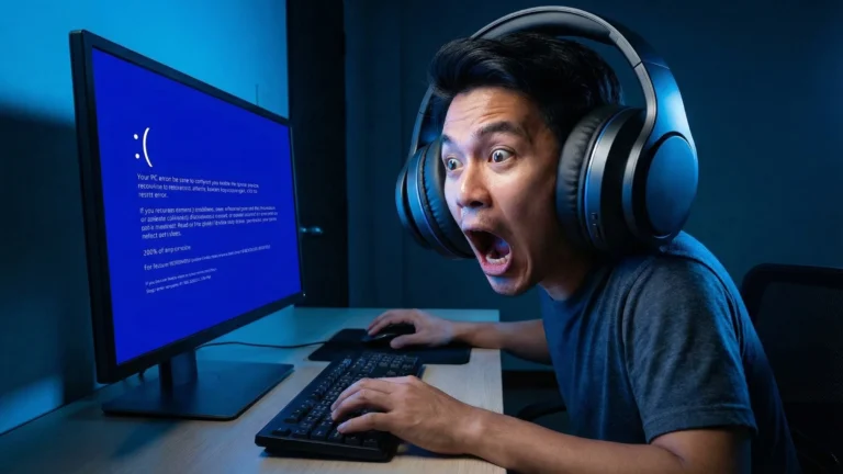 ชายสวมหูฟังขนาดใหญ่แสดงอาการตกใจสุดขีดเมื่อหน้าจอคอมพิวเตอร์เกิดอาการ Blue Screen สีน้ำเงินขณะพยายามเชื่อมต่อหูฟังบลูทูธที่ยังคงเชื่อมต่อบลูทูธไม่ได้