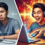 ภาพกราฟิกเปรียบเทียบอารมณ์ชายหนุ่มระหว่างฟังเสียงจืดชืดน่าเบื่อ กับความตื่นเต้นสุดขีดเมื่อมีแสงสีเสียงพุ่งออกมาจาก USB Sound Card