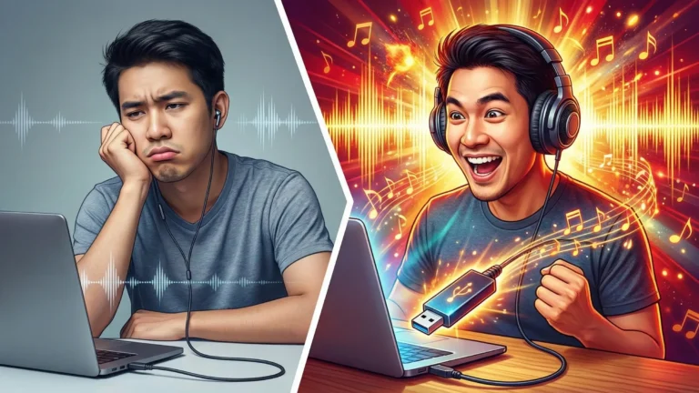 ภาพกราฟิกเปรียบเทียบอารมณ์ชายหนุ่มระหว่างฟังเสียงจืดชืดน่าเบื่อ กับความตื่นเต้นสุดขีดเมื่อมีแสงสีเสียงพุ่งออกมาจาก USB Sound Card