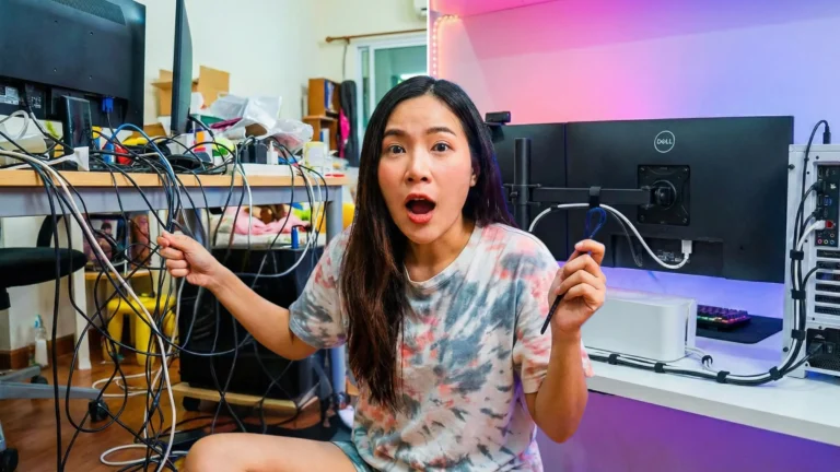 ภาพเปรียบเทียบแบ่งครึ่งซ้ายขวา ด้านซ้ายคือโต๊ะคอมพิวเตอร์ที่มีสายไฟพันกันยุ่งเหยิง ด้านขวาคือโต๊ะที่จัดสายไฟเรียบร้อยแล้ว โดยมีผู้หญิงทำหน้าตกใจถือสายไฟที่รกและที่รัดสายไฟอยู่ตรงกลาง