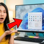 หญิงสาวตกใจชี้หน้าจอคอมพิวเตอร์ที่เป็นฝ้าขาว มัว มองไม่ชัด อาการจอเบลอ Windows 11