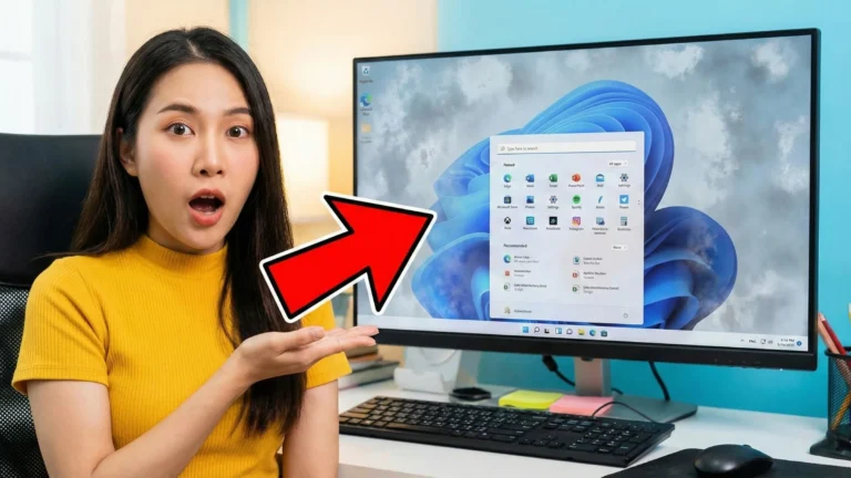 หญิงสาวตกใจชี้หน้าจอคอมพิวเตอร์ที่เป็นฝ้าขาว มัว มองไม่ชัด อาการจอเบลอ Windows 11