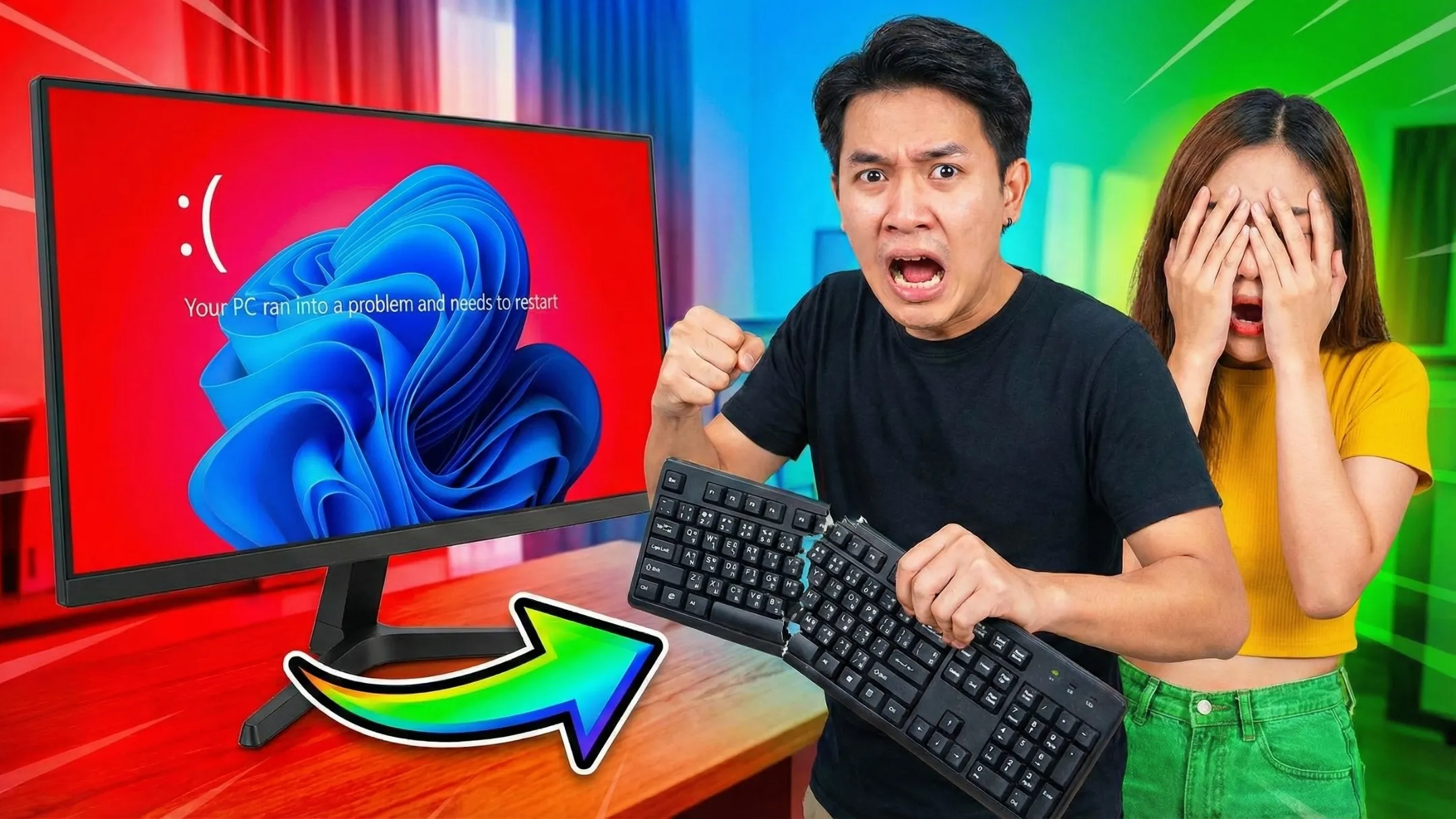 ชายไทยแสดงอาการโกรธขณะถือคีย์บอร์ดที่หักครึ่ง หน้าจอคอมพิวเตอร์ด้านหลังแสดงหน้าจอฟ้า (Blue Screen) และมีผู้หญิงแสดงอาการตกใจ