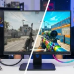 ภาพเปรียบเทียบหน้าจอคอมพิวเตอร์แบบแบ่งครึ่ง แสดงผลการเล่นเกมที่แตกต่างกัน ฝั่งซ้ายภาพไม่ชัดจากสายเคเบิลสีดำธรรมดา ฝั่งขวาภาพคมชัดสีสดใสจากสาย HDMI สีรุ้ง โดยมีชายคนเดียวกันแสดงสีหน้าผิดหวังและตื่นเต้นตามลำดับ