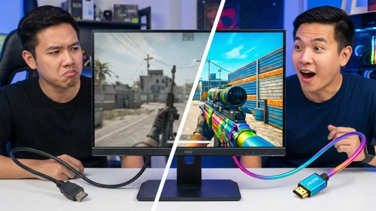 ภาพเปรียบเทียบหน้าจอคอมพิวเตอร์แบบแบ่งครึ่ง แสดงผลการเล่นเกมที่แตกต่างกัน ฝั่งซ้ายภาพไม่ชัดจากสายเคเบิลสีดำธรรมดา ฝั่งขวาภาพคมชัดสีสดใสจากสาย HDMI สีรุ้ง โดยมีชายคนเดียวกันแสดงสีหน้าผิดหวังและตื่นเต้นตามลำดับ