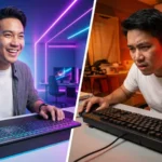 ภาพเปรียบเทียบแบ่งครึ่งจอ ด้านซ้ายชายหนุ่มยิ้มแย้มใช้คีย์บอร์ด Low Profile ในห้องไฟนีออนสีสดใส ด้านขวาชายคนเดิมมีสีหน้าเคร่งเครียดใช้คีย์บอร์ดทรงหนาแบบเก่าในห้องมืดสลัว