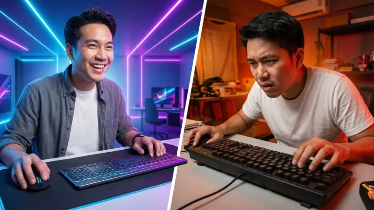 ภาพเปรียบเทียบแบ่งครึ่งจอ ด้านซ้ายชายหนุ่มยิ้มแย้มใช้คีย์บอร์ด Low Profile ในห้องไฟนีออนสีสดใส ด้านขวาชายคนเดิมมีสีหน้าเคร่งเครียดใช้คีย์บอร์ดทรงหนาแบบเก่าในห้องมืดสลัว