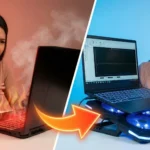 ภาพเปรียบเทียบก่อนและหลังการใช้พัดลมรองโน้ตบุ๊ก ด้านซ้ายเครื่องร้อนจนมีไฟลุกและควันพุ่ง ส่วนด้านขวาเครื่องวางบนพัดลมระบายความร้อนที่มีไฟสีฟ้าดูเย็นลง