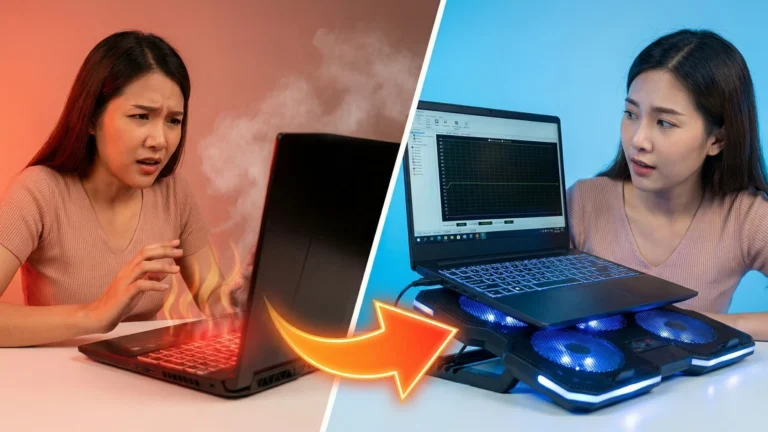 ภาพเปรียบเทียบก่อนและหลังการใช้พัดลมรองโน้ตบุ๊ก ด้านซ้ายเครื่องร้อนจนมีไฟลุกและควันพุ่ง ส่วนด้านขวาเครื่องวางบนพัดลมระบายความร้อนที่มีไฟสีฟ้าดูเย็นลง