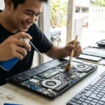 ชายไทยกำลังทำความสะอาดฝุ่นภายในโน๊ตบุ๊กด้วยแปรงขนนุ่มและสเปรย์ลมกระป๋องอย่างระมัดระวัง