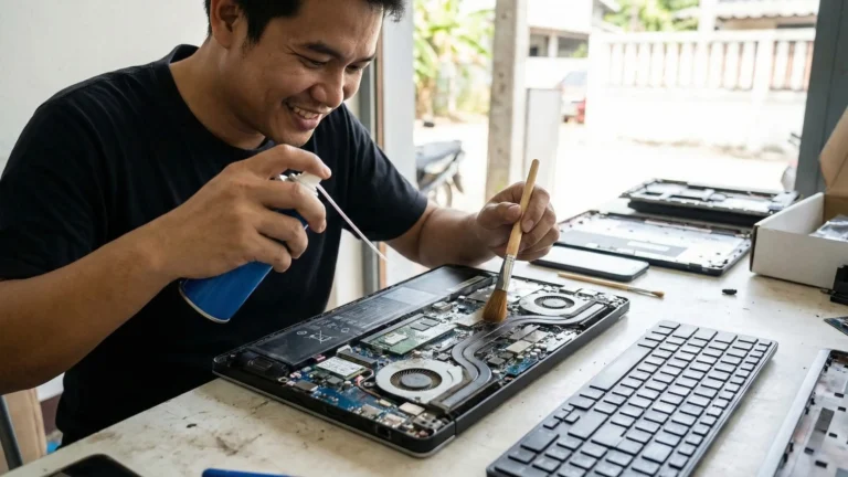 ชายไทยกำลังทำความสะอาดฝุ่นภายในโน๊ตบุ๊กด้วยแปรงขนนุ่มและสเปรย์ลมกระป๋องอย่างระมัดระวัง