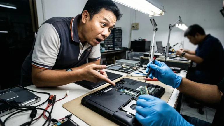 ชายไทยทำหน้าตกใจขณะช่างเทคนิคสวมถุงมือฟ้ากำลังเปลี่ยนแรมโน๊ตบุ๊ก