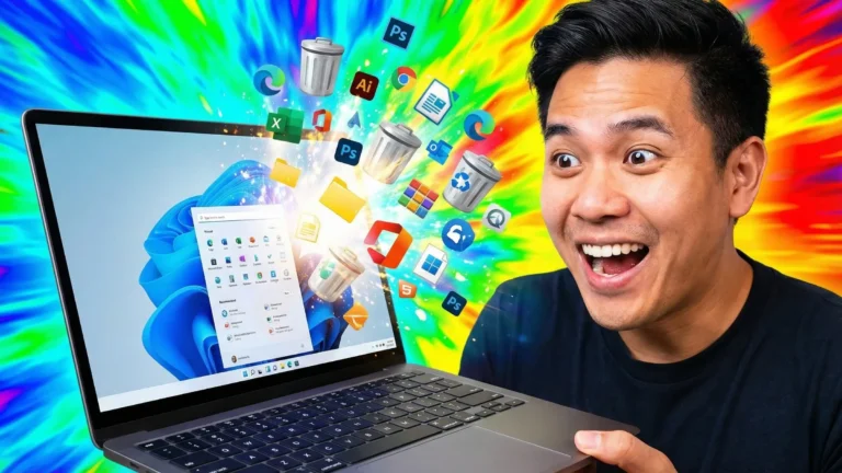 ผู้ชายทำหน้าตื่นเต้นถือโน้ตบุ๊กที่มีไอคอนโปรแกรมต่างๆ และ ลบโปรแกรม จากถังขยะพุ่งออกมาจากหน้าจอ แสดงถึงการถอนการติดตั้งโปรแกรมแบบถอนรากถอนโคน