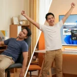 ชายสองคนแสดงอารมณ์ที่แตกต่างกัน คนทางซ้ายดูเหนื่อยล้าหน้าจอคอมพิวเตอร์เก่าที่ใช้ Windows 7 ส่วนคนทางขวามีความสุขและชูแขนขึ้นหน้าจอทีวีขนาดใหญ่ที่แสดง Windows 11 พร้อมฟีเจอร์ Auto HDR