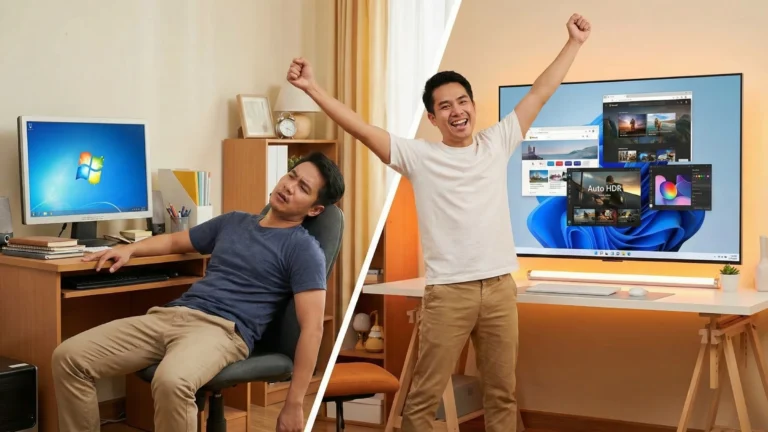 ชายสองคนแสดงอารมณ์ที่แตกต่างกัน คนทางซ้ายดูเหนื่อยล้าหน้าจอคอมพิวเตอร์เก่าที่ใช้ Windows 7 ส่วนคนทางขวามีความสุขและชูแขนขึ้นหน้าจอทีวีขนาดใหญ่ที่แสดง Windows 11 พร้อมฟีเจอร์ Auto HDR