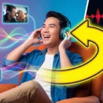 ชายหนุ่มสวมหูฟังบลูทูธด้วยสีหน้าตื่นเต้น มีกราฟิกโฮโลแกรมหน้าจอเกมและวิดีโอคอลลอยอยู่ พร้อมลูกศรสีเหลืองขนาดใหญ่ชี้จากกราฟเสียงที่รวดเร็วเข้าหาตัว สื่อถึงการแก้ปัญหาเสียงดีเลย์ได้สำเร็จ